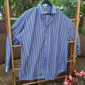 Thomas Dean blues orange grey stripe patterned dress shirt